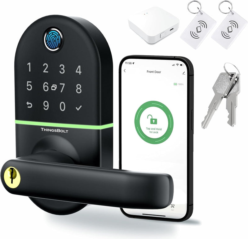WiFi Smart Door Lock with Handle, THINGSBOLT Fingerprint Keyless Entry, Bluetooth & App Control, Alexa Compatible, Keypad & Key Access, Gateway Included (Black)