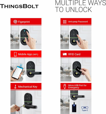WiFi Smart Door Lock with Handle, THINGSBOLT Fingerprint Keyless Entry, Bluetooth & App Control, Alexa Compatible, Keypad & Key Access, Gateway Included (Black)