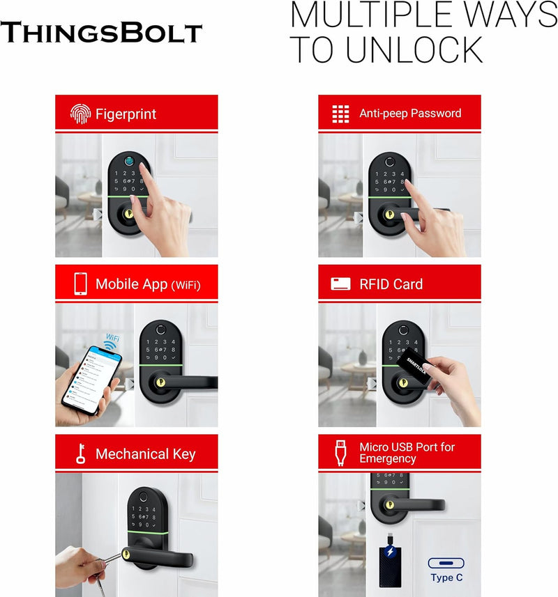 WiFi Smart Door Lock with Handle, THINGSBOLT Fingerprint Keyless Entry, Bluetooth & App Control, Alexa Compatible, Keypad & Key Access, Gateway Included (Black)