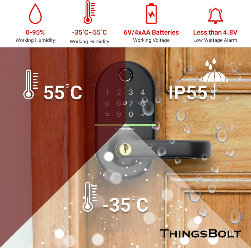 WiFi Smart Door Lock with Handle, THINGSBOLT Fingerprint Keyless Entry, Bluetooth & App Control, Alexa Compatible, Keypad & Key Access, Gateway Included (Black)