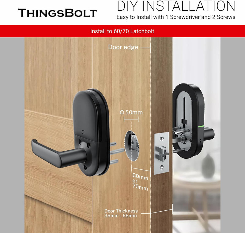 WiFi Smart Door Lock with Handle, THINGSBOLT Fingerprint Keyless Entry, Bluetooth & App Control, Alexa Compatible, Keypad & Key Access, Gateway Included (Black)