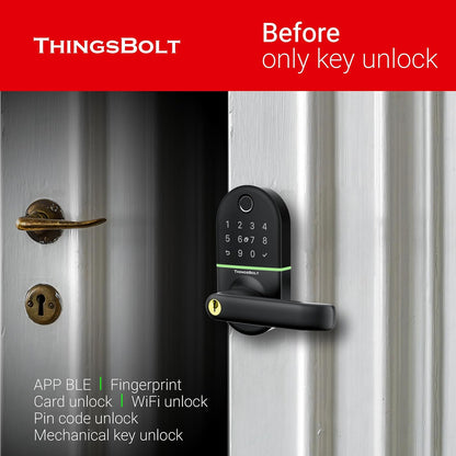 WiFi Smart Door Lock with Handle, THINGSBOLT Fingerprint Keyless Entry, Bluetooth & App Control, Alexa Compatible, Keypad & Key Access, Gateway Included (Black)