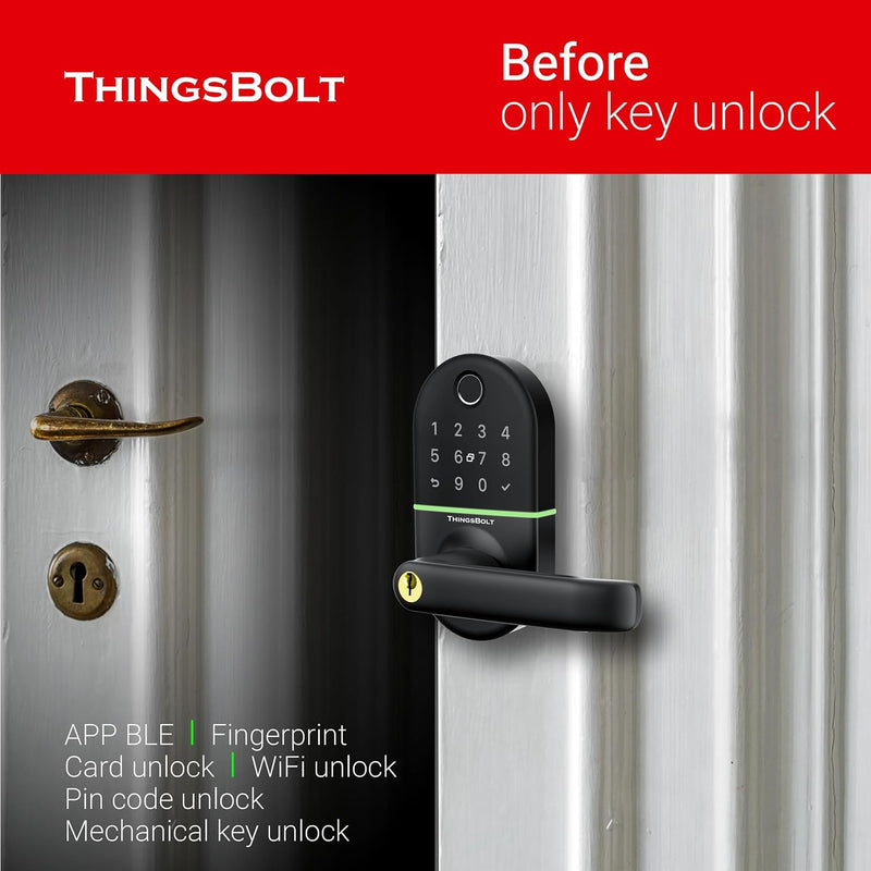 WiFi Smart Door Lock with Handle, THINGSBOLT Fingerprint Keyless Entry, Bluetooth & App Control, Alexa Compatible, Keypad & Key Access, Gateway Included (Black)