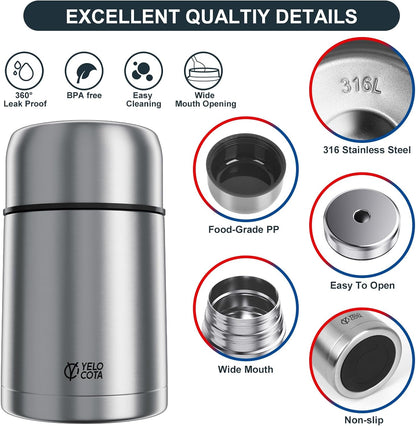 Yelocota Food Jar for Hot Food- 27Oz Vacuum Insulated Stainless Steel Soup Flask- Leak Proof Wide Mouth Food Containers- Food Jar for Hot or Cold Food