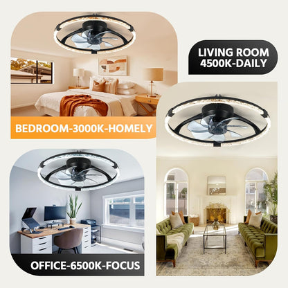 Hordxin Flush Mount Ceiling Fans with Lights and Remote, 19.7'' Ultra Low Profile Ceiling Fan, 3000K-6500K Dimming Modern LED Fan Light, 6 Wind Speeds, Black Fandelier Kitchen Fans Ceiling with Lights