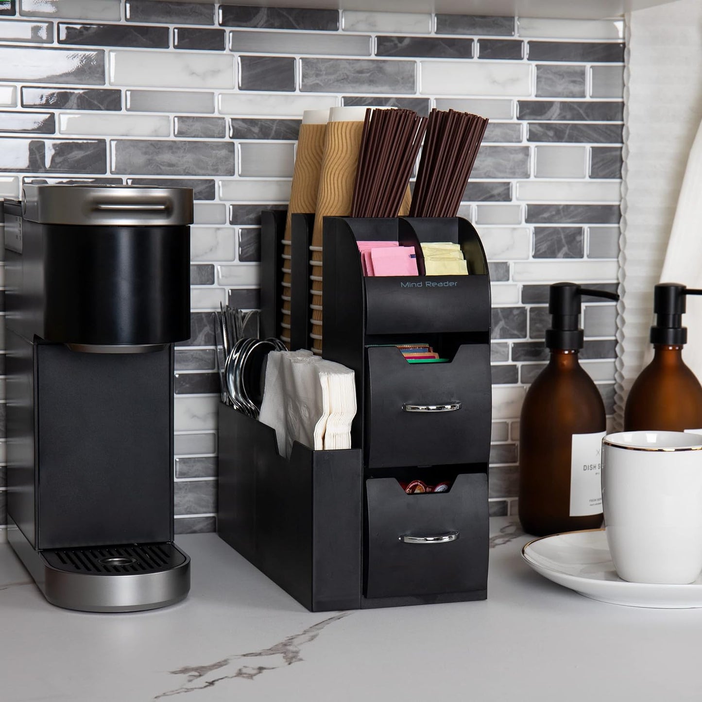 Mind Reader Cup and Condiment Station, Countertop Organizer, Coffee Bar, Kitchen, Stirrers, 5.375"L x 12"W x 11.25"H, Black