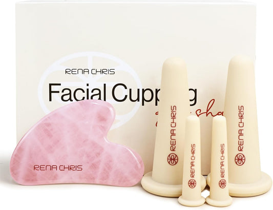 Rena Chris Facial Cupping Set & Gua Sha Facial Tool - Silicone Cupping Set & Rose Quartz Gua Sha Stone - Face Cupping Therapy Set for Natural Skin Care, Puffiness, Lip Plumping(Pink)