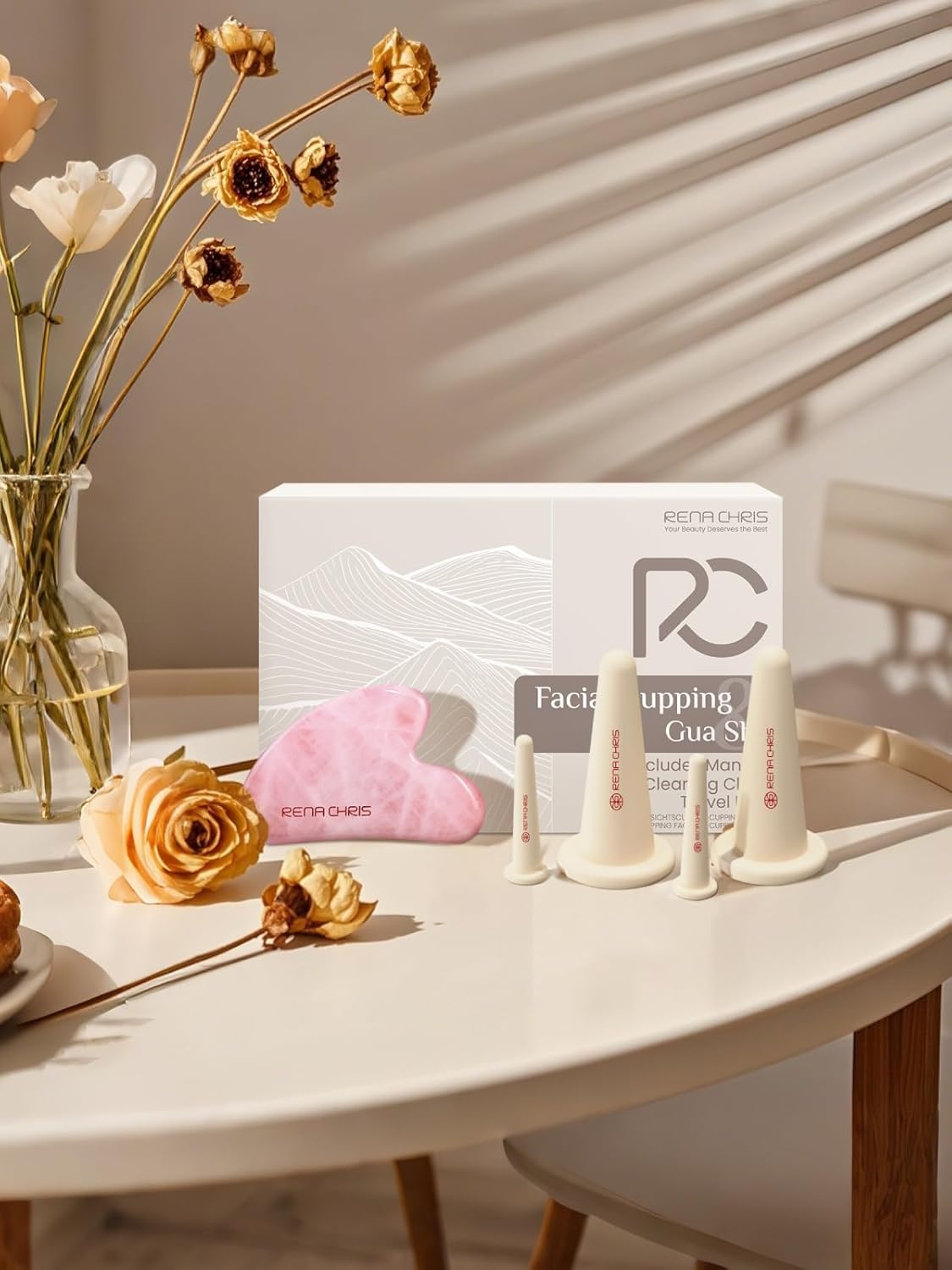 Rena Chris Facial Cupping Set & Gua Sha Facial Tool - Silicone Cupping Set & Rose Quartz Gua Sha Stone - Face Cupping Therapy Set for Natural Skin Care, Puffiness, Lip Plumping(Pink)