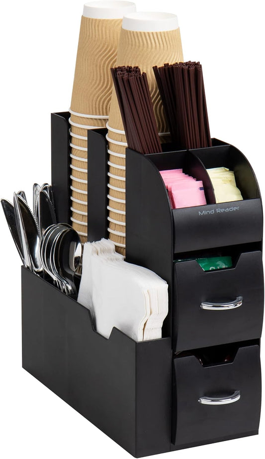 Mind Reader Cup and Condiment Station, Countertop Organizer, Coffee Bar, Kitchen, Stirrers, 5.375"L x 12"W x 11.25"H, Black