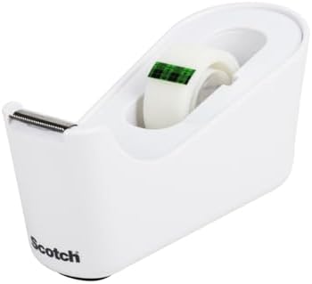 Manual Desktop Tape Dispenser with Refillable Roll, White Plastic Holder for 3/4 in x 350 in Tape, Weighted Base for One-Handed Use