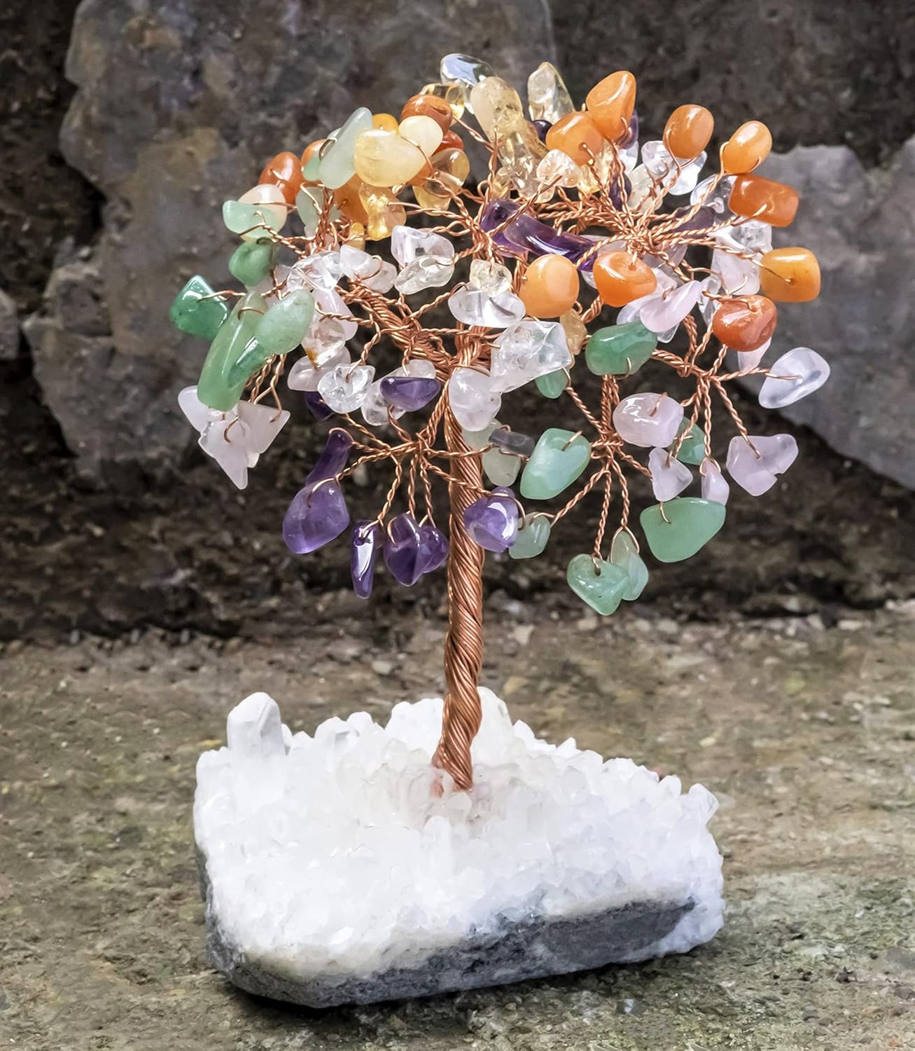 Seven Chakra Tree of Life Crystal Decor, Handmade Crystal Bonsai with Natural Stones, Feng Shui Style Tabletop Ornament for Home Office Meditation Spaces