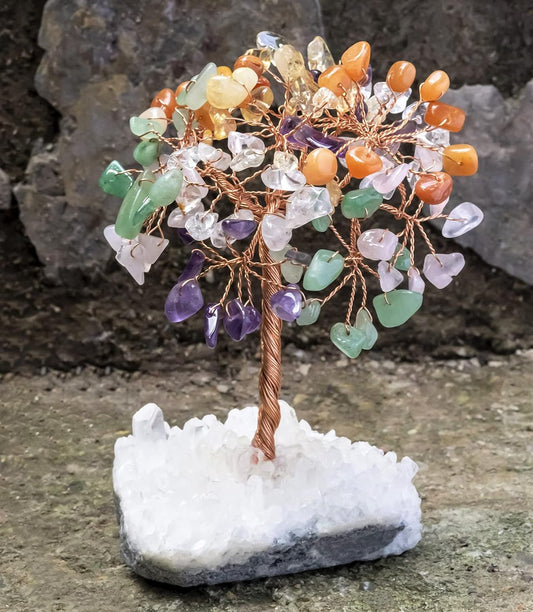 Seven Chakra Tree of Life Crystal Decor, Handmade Crystal Bonsai with Natural Stones, Feng Shui Style Tabletop Ornament for Home Office Meditation Spaces - PuriLite