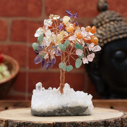 Seven Chakra Tree of Life Crystal Decor, Handmade Crystal Bonsai with Natural Stones, Feng Shui Style Tabletop Ornament for Home Office Meditation Spaces