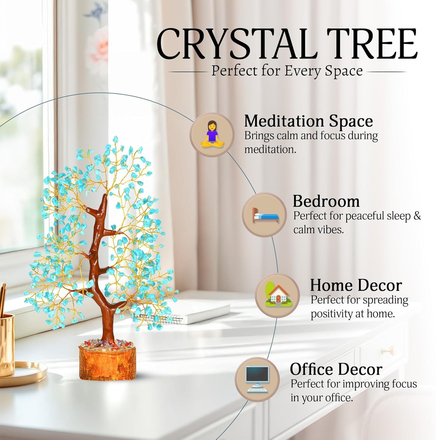 Turquoise Crystal Tree of Life Decor, Handmade Gemstone Bonsai with Natural Stones, Feng Shui Style Meditation and Home Office Tabletop Ornament