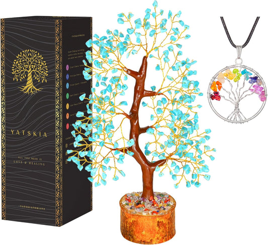 Turquoise Crystal Tree of Life Decor, Handmade Gemstone Bonsai with Natural Stones, Feng Shui Style Meditation and Home Office Tabletop Ornament