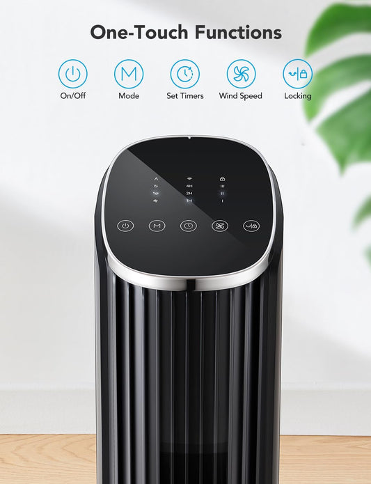 GoveeLife 36'' Smart Tower Fan for Bedroom, 75° Oscillating Floor Fans with Voice Remote, Temperature Auto 5 Modes 8 Speeds up to 25ft/s, 24H Timer, 29dB Quiet Cooling Standing Fan for Home Office - PuriLite