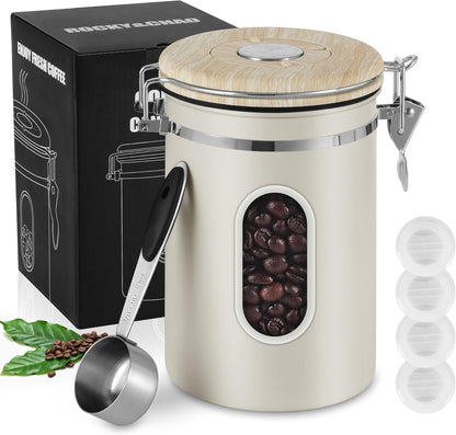 1800ML Airtight Coffee Canister with Date Tracker Transparent Window, 22.8OZ Coffe Beans Storage with 30 ML Measure Spoon&4 co2 Valve, Kitchen Food Storage Container for Ground Coffee,Coffee Beans&Tea