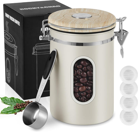 1800ML Airtight Coffee Canister with Date Tracker Transparent Window, 22.8OZ Coffe Beans Storage with 30 ML Measure Spoon&4 co2 Valve, Kitchen Food Storage Container for Ground Coffee,Coffee Beans&Tea