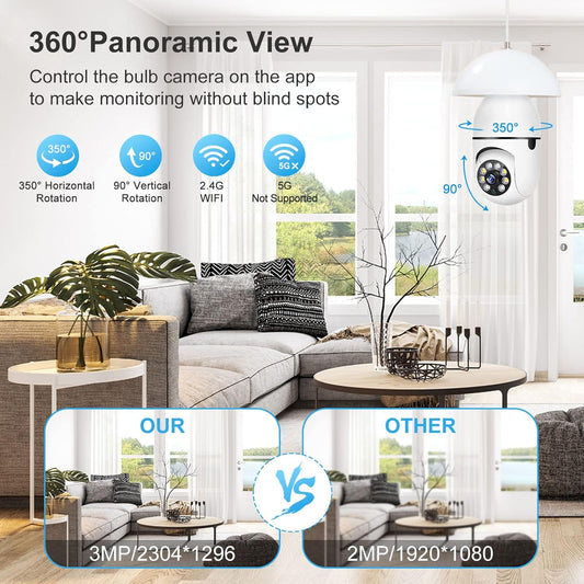 2PCS Light Bulb Security Camera Wireless Indoor, 3MP/2.4G WiFi Surveillance Camera, 360°Pan-Tilt Bulb Camera with Human Motion Detection&Alert/Two-Way Audio/Full Color Night Vision/Remote View - PuriLite