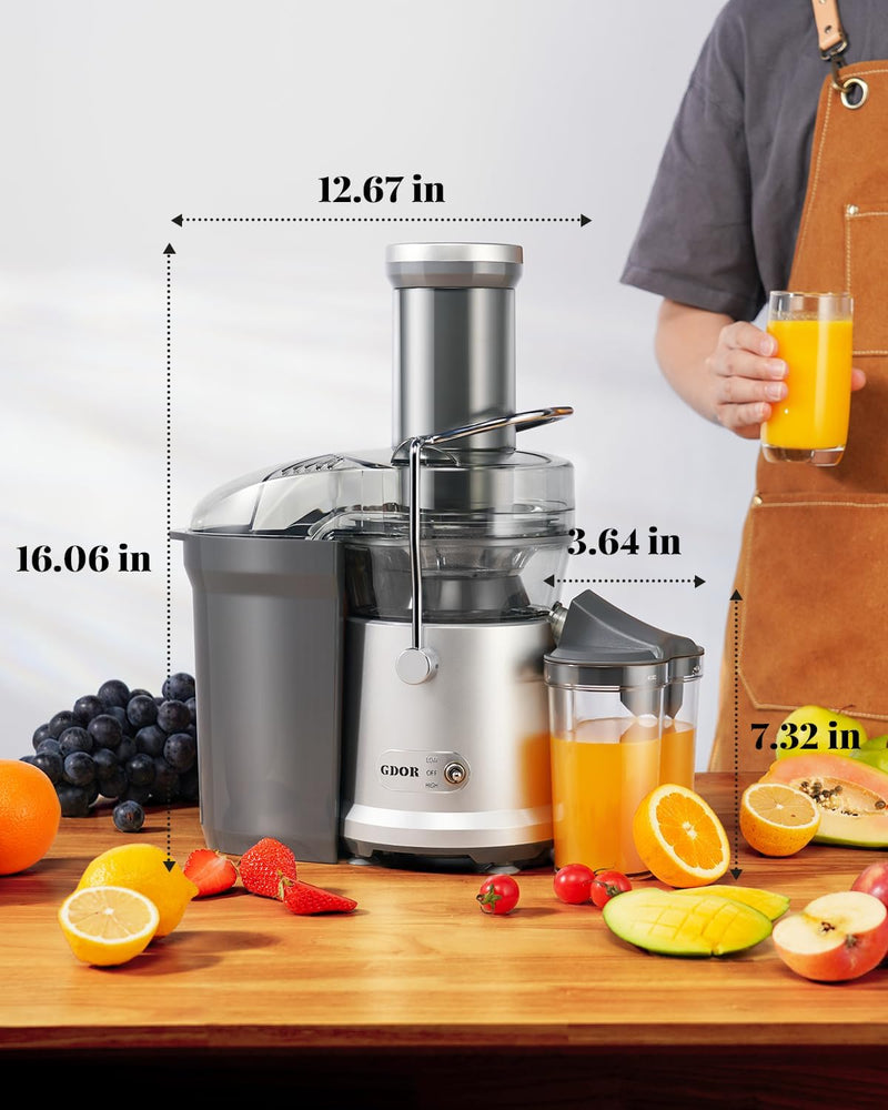 GDOR Juicer 1200W Juicer Machine with Larger 3.2" Feed Chute, Titanium Enhanced Cutting System, Centrifugal Juice Extractor Maker with Heavy Duty Full Copper Motor, Dual Speeds, BPA-Free, Silver