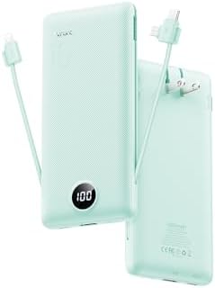 Portable Charger Built-in Cables and AC Wall Plug, VRURC USB C Power Bank 10000mAh, [2025 Upgraded Version] Phone Charger Compact Lightweight External Battery Pack for Smart Phones,Navy Blue