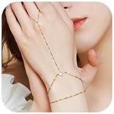 Hand Chain Ring Bracelet For Women, 14k Gold Plated Dainty Cubic Zirconia Minimalist Finger Ring Bracelet, Trendy Stuff Jewelry Gifts To Wife Girfriend Daughter Sister BBF, 17.5cm/7.5cm