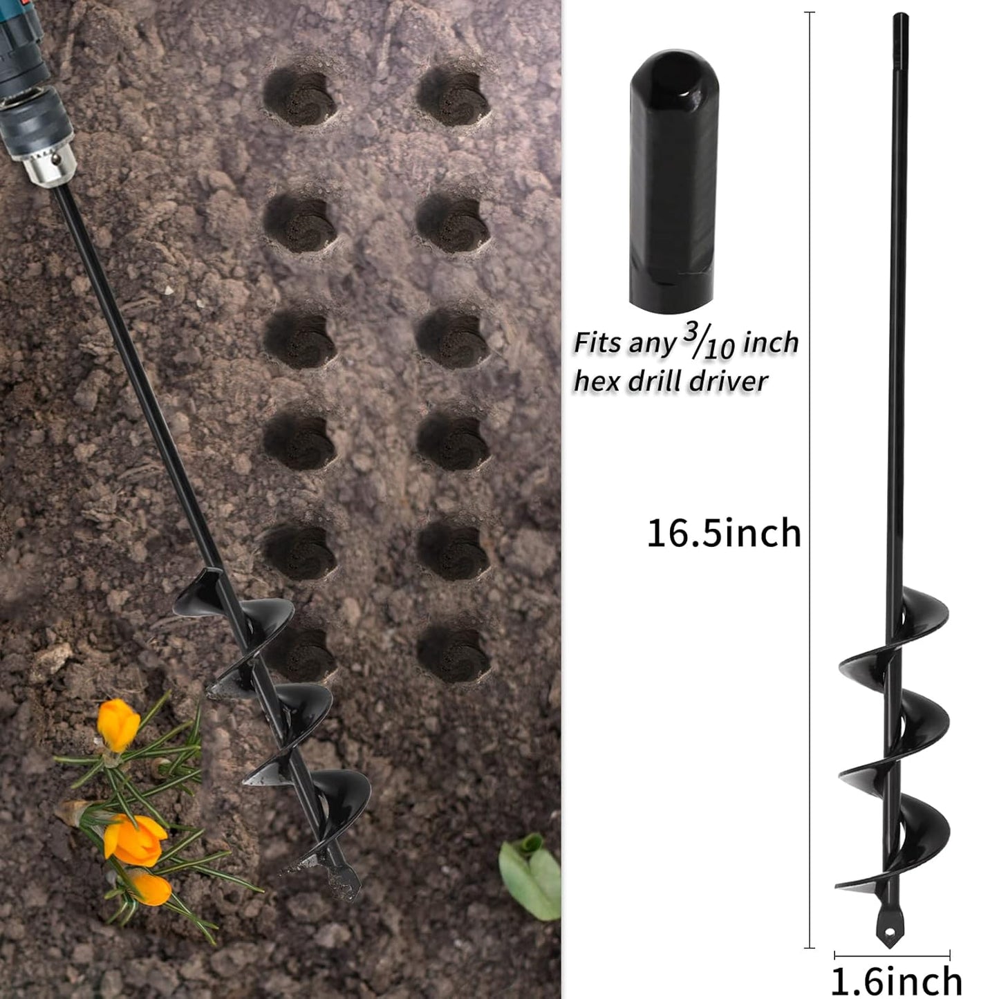 TCBWFY Garden Auger Drill Bit 1.6x16.5 inch Garden Auger Spiral Drill Bit Rapid Planter for 3/8” Hex Drive Drill - for Tulips, Iris, Bedding Plants and Digging Weeds Root
