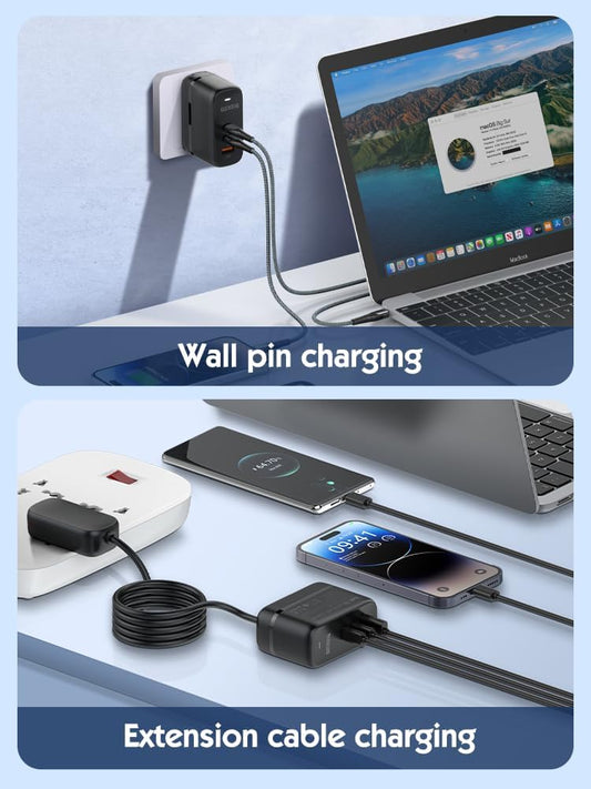 QENEQ GaN 65W USB C Charger 3 Port Fast Charging Block Travel Charger Wall Charger Universal Travel Adapter USA EU UK AU Plug Adapter for MacBook iPad Pro/Air iPhone 15 16 Samsung Laptop Steam Deck - PuriLite