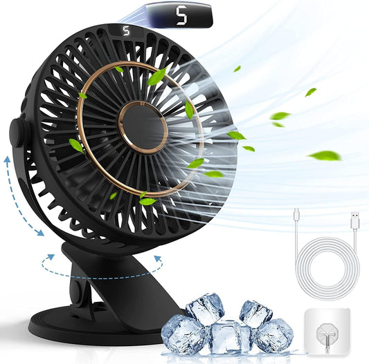 5 Speeds Clip on Fan Rechargeable - Mini USB Portable Desk Fan with Clip, LED Display Powerful Silent Table Fan, 720°Flexible Rotation for Bed, Home, Stroller, Sport, Camping (Black)