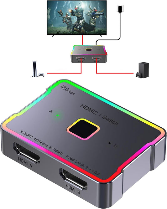 SKUYA hdmi Switch 4K 120hz 144hz 240hz Splitter 2 in 1 Out 8K 60hz switcher 2.1 Hub Aluminum hdmi switcher selector for Gaming PS5/PS4,Xbox, Apple TV,roku,Computer,hdr10,Dolby Vision