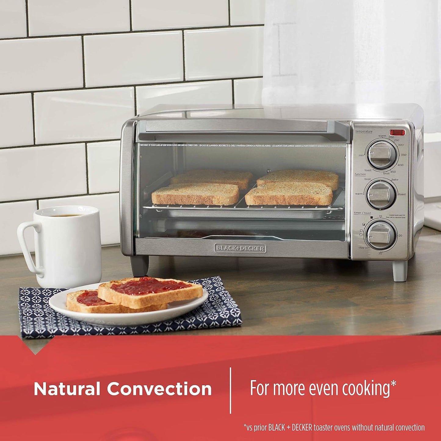 BLACK+DECKER™ Natural Convection 4-Slice Toaster Oven, Stainless Steel, Bake, Broil, Toast, Keep Warm Cooking Functions