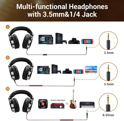 OneOdio Pro-10 Over Ear Wired Headphones for School Studio Monitor & Mixing DJ Stereo Headsets, 50mm Neodymium Drivers, in-Line Mic, 3.5mm/6.35mm Jack for AMP Computer Recording Phone Piano Guitar