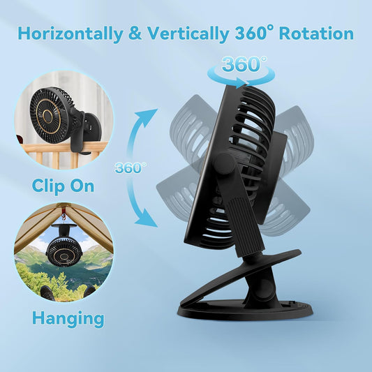 5 Speeds Clip on Fan Rechargeable - Mini USB Portable Desk Fan with Clip, LED Display Powerful Silent Table Fan, 720°Flexible Rotation for Bed, Home, Stroller, Sport, Camping (Black) - PuriLite