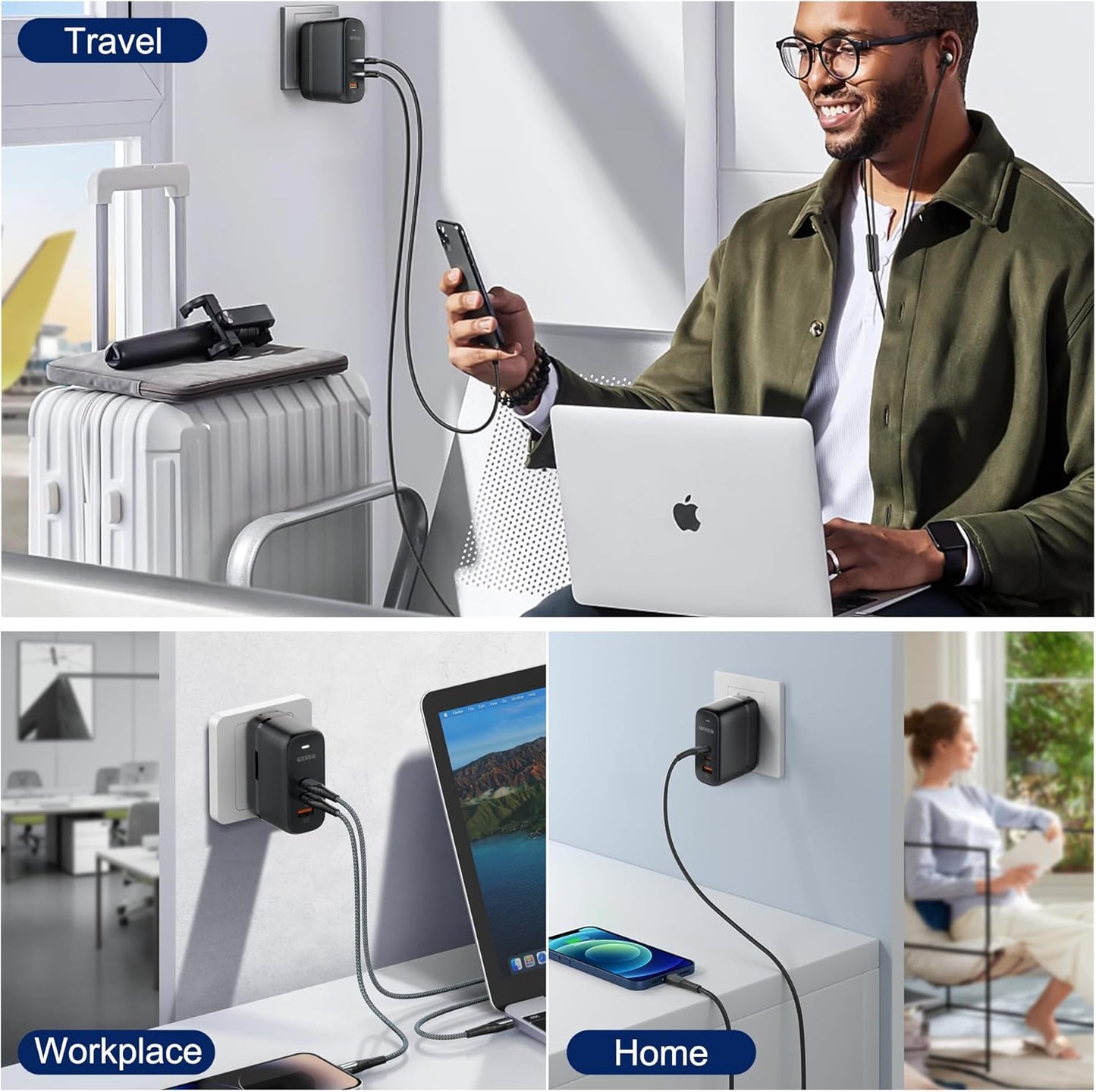 QENEQ GaN 65W USB C Charger 3 Port Fast Charging Block Travel Charger Wall Charger Universal Travel Adapter USA EU UK AU Plug Adapter for MacBook iPad Pro/Air iPhone 15 16 Samsung Laptop Steam Deck