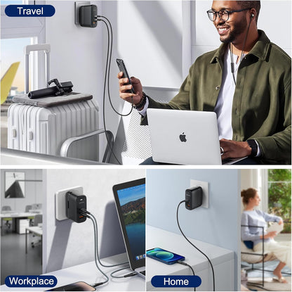 QENEQ GaN 65W USB C Charger 3 Port Fast Charging Block Travel Charger Wall Charger Universal Travel Adapter USA EU UK AU Plug Adapter for MacBook iPad Pro/Air iPhone 15 16 Samsung Laptop Steam Deck