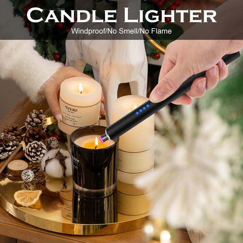 Electric Candle Lighter BBQ Lighter USB C Rechargeable Long Lighter Flameless Plasma Arc Lighter Briquet Electrique Rechargeable Windproof Electronic Lighter for Candles Fireworks (Black)