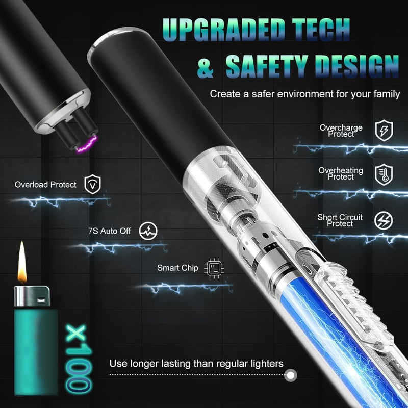 Electric Candle Lighter BBQ Lighter USB C Rechargeable Long Lighter Flameless Plasma Arc Lighter Briquet Electrique Rechargeable Windproof Electronic Lighter for Candles Fireworks (Black)