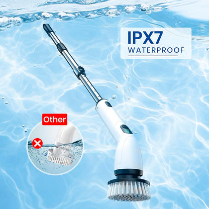 Cordless Electric Spin Scrubber – IPX7 Waterproof Electric Scrubber with 8 Replaceable Brush Heads & Adjustable Extension Handle
