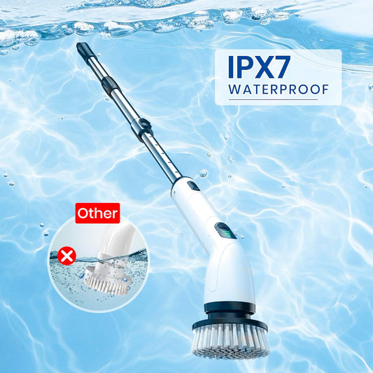 Cordless Electric Spin Scrubber – IPX7 Waterproof Electric Scrubber with 8 Replaceable Brush Heads & Adjustable Extension Handle - PuriLite