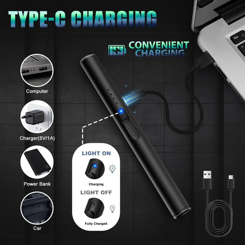 Electric Candle Lighter BBQ Lighter USB C Rechargeable Long Lighter Flameless Plasma Arc Lighter Briquet Electrique Rechargeable Windproof Electronic Lighter for Candles Fireworks (Black)