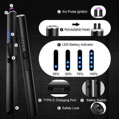 Electric Candle Lighter BBQ Lighter USB C Rechargeable Long Lighter Flameless Plasma Arc Lighter Briquet Electrique Rechargeable Windproof Electronic Lighter for Candles Fireworks (Black)