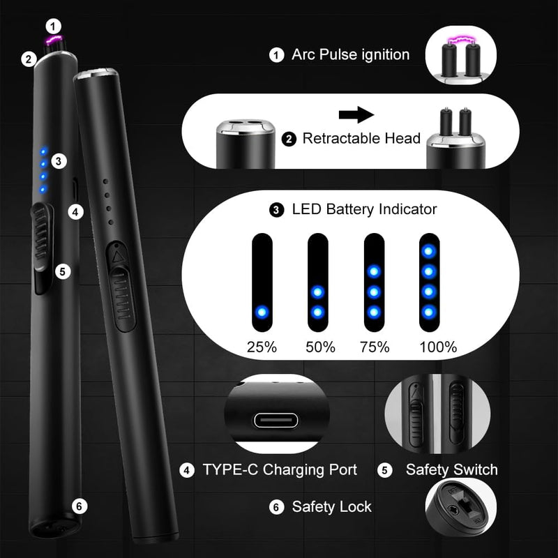 Electric Candle Lighter BBQ Lighter USB C Rechargeable Long Lighter Flameless Plasma Arc Lighter Briquet Electrique Rechargeable Windproof Electronic Lighter for Candles Fireworks (Black)
