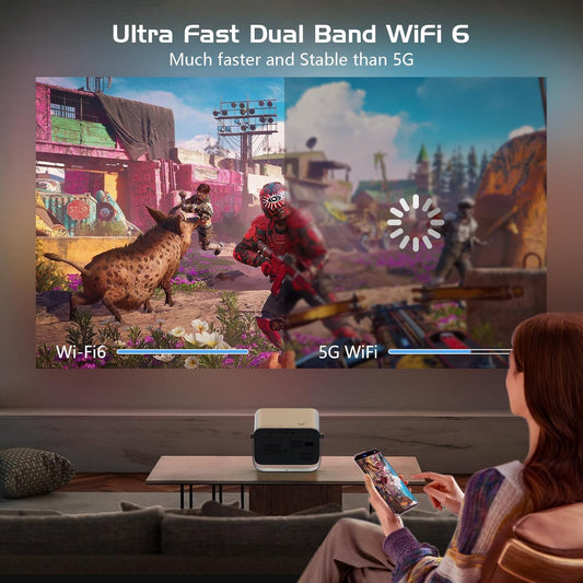【Auto Focus/Electric Focus】 Native 1080P Projector with WiFi 6 and 360°Rotation Stand, Upgraded Bluetooth 5.3,Portable Projector with 6D Keystone, Mini Projector for TV Stick/PS5/HDMI/Phone - PuriLite
