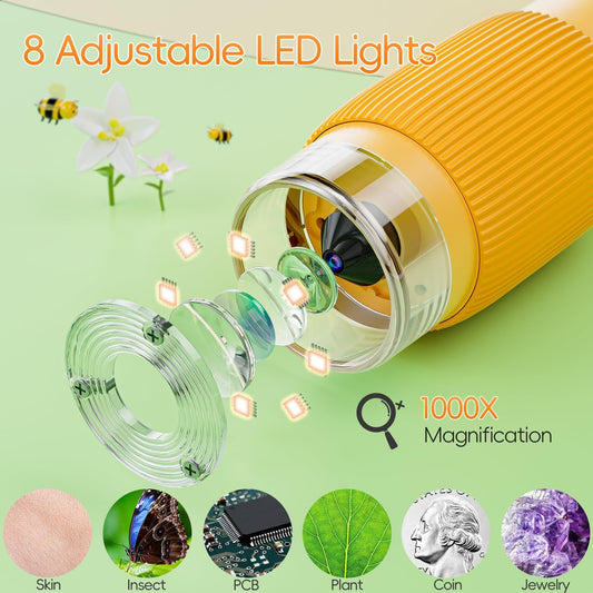 Kids Digital Microscope with 2 Inch IPS Screen, 1000x Handheld Portable USB Microscope Camera for Children, Students, and Science Learning - PuriLite