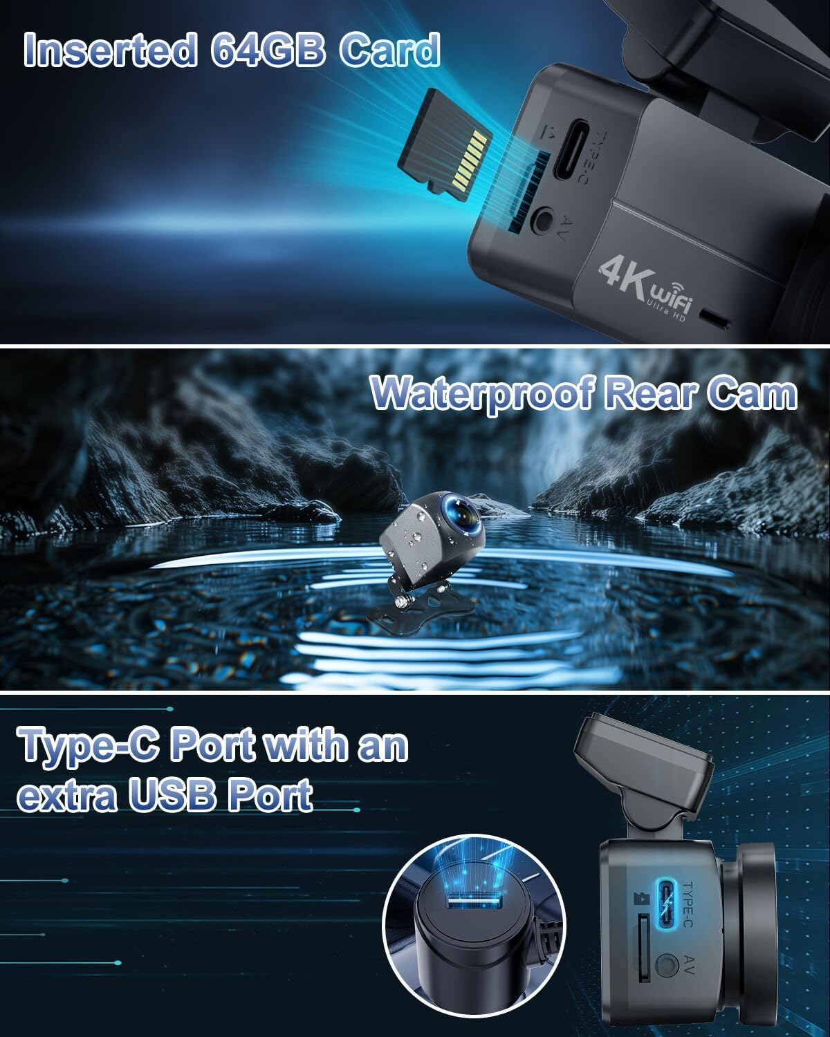 4K Dash Cam Front and Rear, WiFi Dash Cam with 64GB Card, 4K+1080P Dash Camera for Cars, WiFi Car Camera with App, 1.47" Screen DashCam with 24H Parking Monitor, G-Sensor