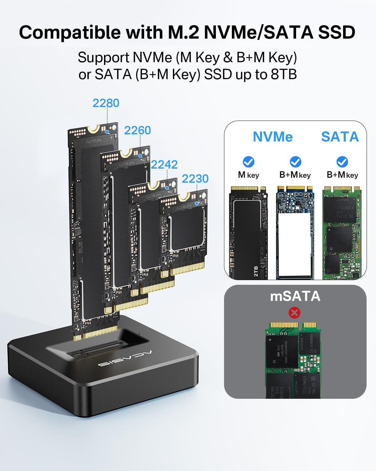 NVME to USB Docking Station,ACASIS M.2 SSD to USB Adapter Portable External SSD Enclosure for M.2 (M Key) NVMe SSD and (B+M Key) SATA-Based SSD Compatible with Thunderbolt 4/3 (Black)