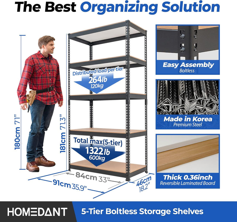 HOMEDANT 5 Tier Laminated Boltless Metal Shelving Unit Adjustable Garage Storage Utility Rack Heavy Duty Shelves Organization Multipurpose Shelf Warehouse Pantry Shed 35.9" W x 18.2" D x 71.3" H 1Pack