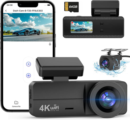 4K Dash Cam Front and Rear, WiFi Dash Cam with 64GB Card, 4K+1080P Dash Camera for Cars, WiFi Car Camera with App, 1.47" Screen DashCam with 24H Parking Monitor, G-Sensor