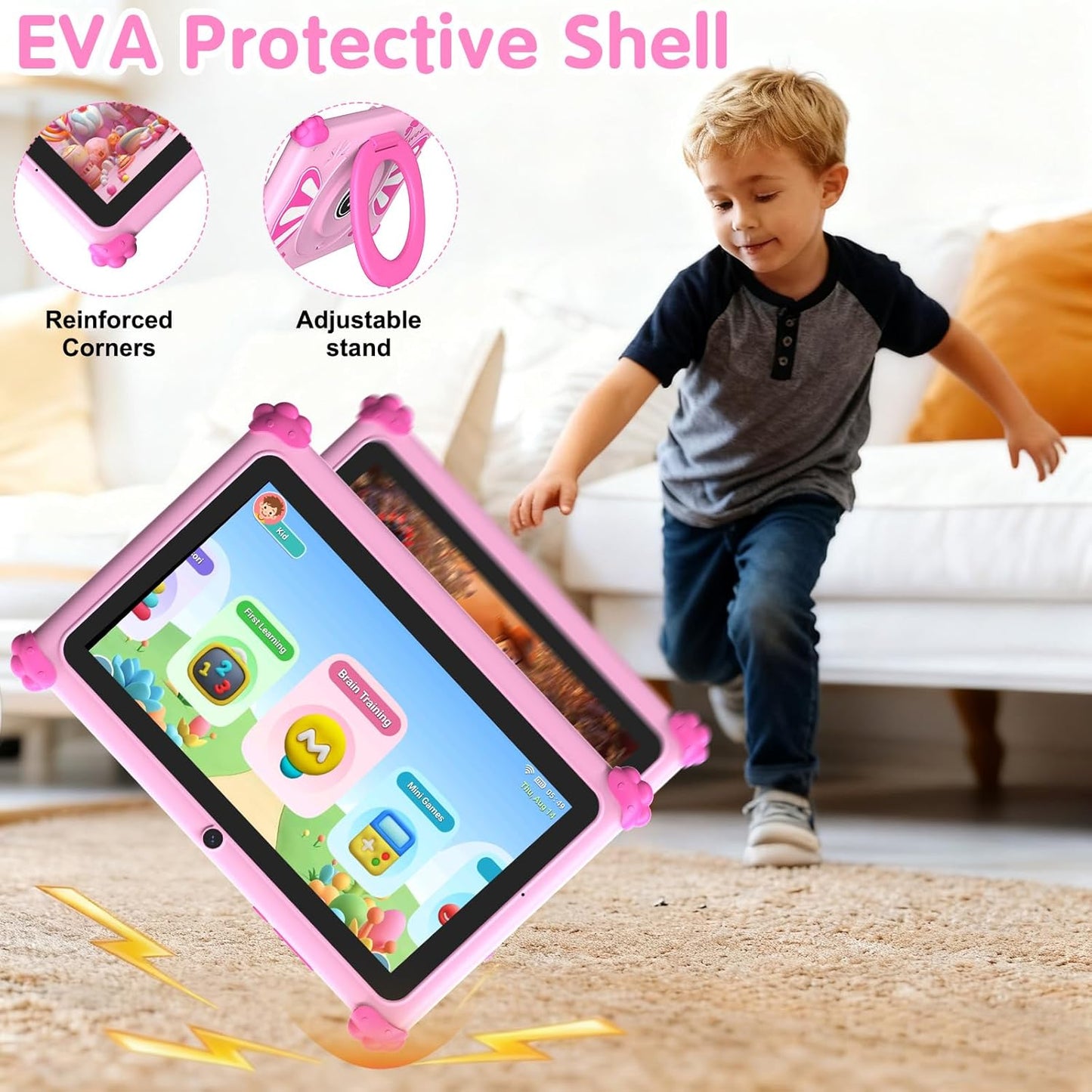 Kids Tablet 7 Inch Educational Tablet for Toddlers with Parental Control, Dual Camera, WiFi Connectivity, Expandable Storage, Shockproof Design – Pink