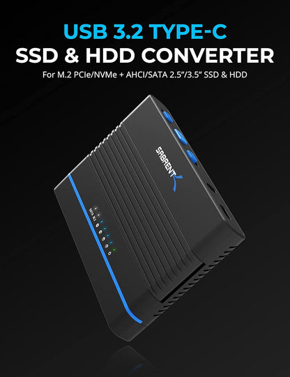 SABRENT M.2 SSD Enclosure, NVMe and SATA 2.5" 3.5" hard drive, SSD HDD M2 Converter, with Offline Cloning, USB 3.2 Type C, 2242, 2260, and 2280 Dock + Power Supply, USB C + A Cables Included (DS-UCMH)